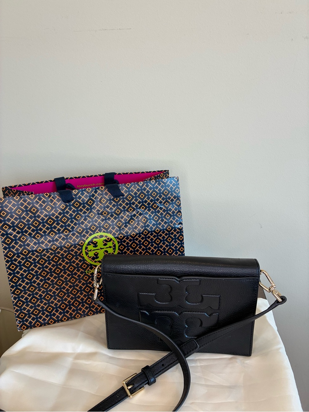 Tory Burch T-Bomb Black Leather Crossbody Clutch Bag